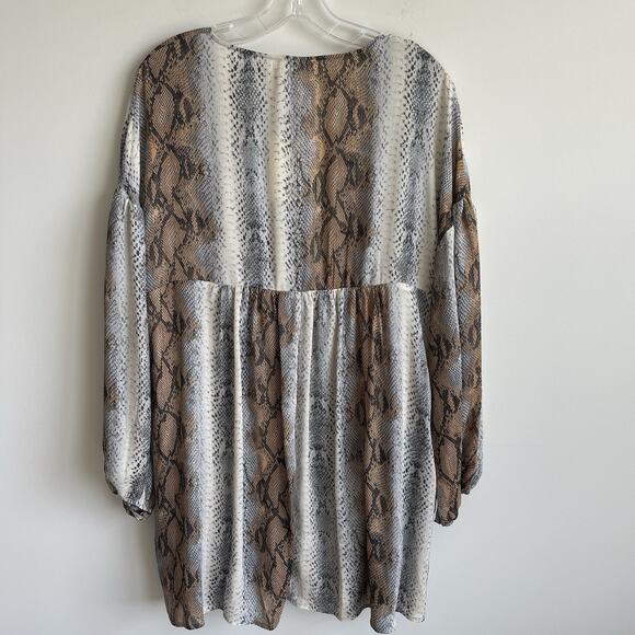 NWT Entro Python Print Babydoll Mini Dress Puff Sleeves Boho Chic Size Large - Picture 8 of 13